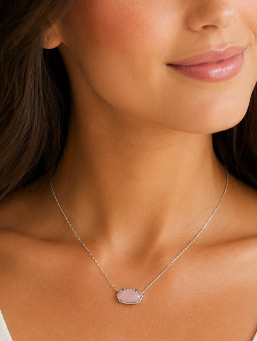 NWT KENDRA SCOTT Elisa Rose Quartz Pendant Necklace Rhodium Silver Tone